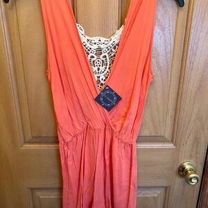 NWT Chic Happens Orange Peach Coral Crochet-Back Romper Size